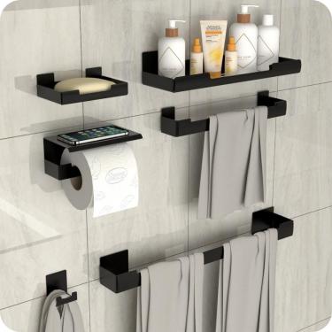 Imagem de Kit Acessórios Para Banheiro Com Adesivo 7 Peças Preto elg