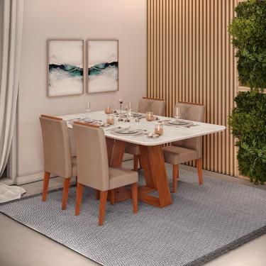 Imagem de Conjunto Sala de Jantar 4 Cadeiras Tampo Sem Vidro 170x90 dj Móveis Kiara Freijó Quartzo Yasmin Veludo Kraft