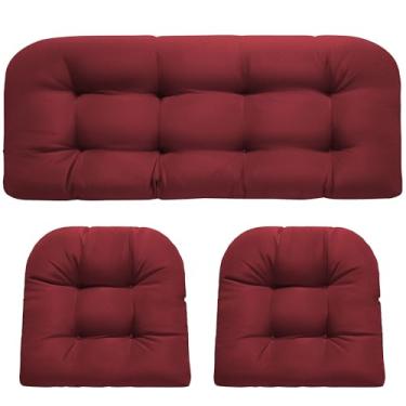 Imagem de DANGHOOGY Almofadas de vime para cadeira, à prova d'água, para ambientes externos, para móveis de pátio, almofadas de móveis de vime adornado, 1 sofá e 2 almofadas em forma de U (vermelha)