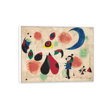 Imagem de Joan Miró Imagem de arte de parede em tela - reprodução de impressões de arte famosas abstratas - pinturas com moldura branca para decoração de sala de estar (pássaros da lua femininos) 60 x 80 cm -