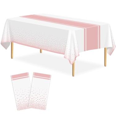 Imagem de LIKAJON Pacote com 2 toalhas de mesa em ouro branco e rosa para decoração de festa, toalha de mesa de plástico branca impressa em ouro rosa, 137 x 272 cm, capa de mesa retangular descartável para