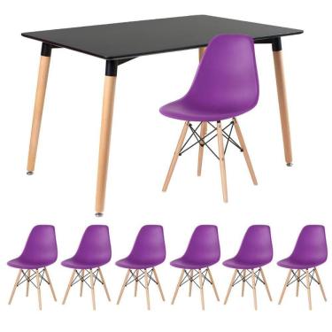 Imagem de Kit - Mesa Retangular Eames 80 X 120 Cm Preto + 6 Cadeiras Dsw Roxo Mesa Preto Com Cadeiras Roxo