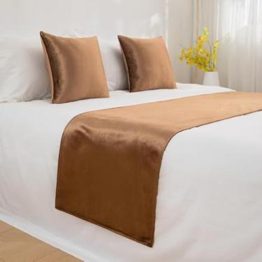 Imagem de Cachecol de corredor de cama de hotel luxuoso cor sólida decoração de cama moderna toalha de cama de veludo macio sem desbotamento proteção para cama de solteiro queen king size - café||2 fronhas 19,7