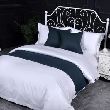 Imagem de Cachecol de corredor de cama de hotel simples cor sólida decoração respirável moderno protetor de cama para quarto sem desbotamento toalha de cama para cama de solteiro queen king size - azul