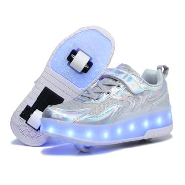 Imagem de HOVERKICKES Tênis de skate LED para crianças, meninos, meninas, com rodas destacáveis, recarregáveis, piscantes, Prata, 16