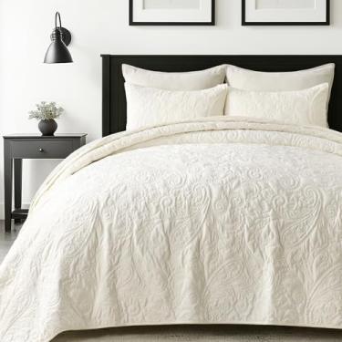 Imagem de EverGrace Conjunto de colcha de veludo perolado luxuoso, tamanho king, 3 peças, conjunto de edredom de veludo macio de ponto paisley com fronhas, colcha leve, branco marfim