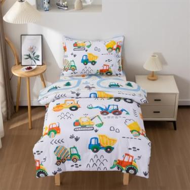 Imagem de NTBED Conjunto de cama infantil de construção de 4 peças para meninos, aquarela, caminhões, escavadeiras, carros, inclui edredom, lençol de cima, lençol com elástico e fronha, multi
