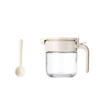 Imagem de Frasco de tempero de vidro com tampa e colher - Frasco hermético de tempero, lata transparente de armazenamento de alimentos de 250 ml para sal/açúcar/café, organizador multiuso de cozinha e mesa