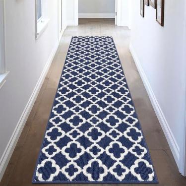 Imagem de U'Artlines Tapete de corredor longo para corredor 2 × 2 pés antiderrapante tapete de chão de cozinha corredores padrão geométrico azul lavável na máquina tapete de área para entrada de banheiro