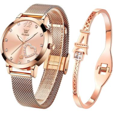 Imagem de Conjunto de relógios OLEVS feminino em ouro rosa minimalista à prova d`água