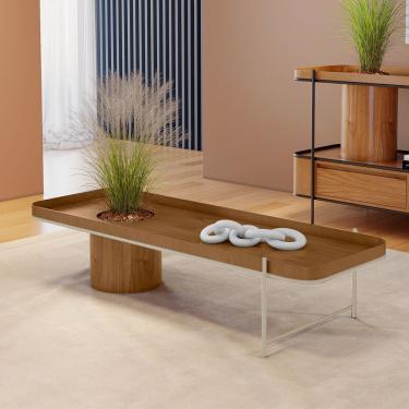 Imagem de Mesa de Centro Cachepot em Madeira Maciça Castanho Estrutura Metálica Champagne