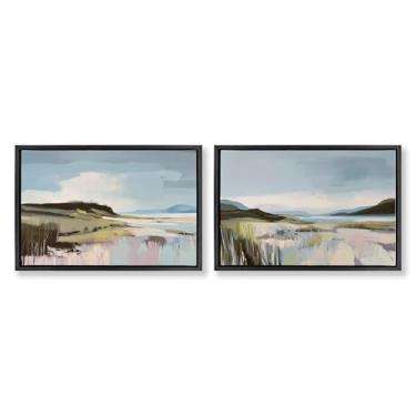 Imagem de Stupell Industries Verdant Coastal Waters Conjunto de tela flutuante com moldura preta de 2 peças por Elara Yasna, 21 x 31