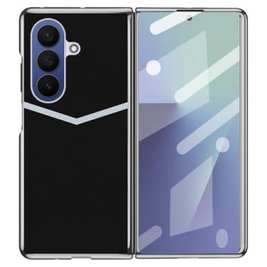 Imagem de LYJSMGZ Capa de couro para Samsung Galaxy Z Fold 7, capa de telefone fina com design de linha, protetor de tela masculina e feminina, capa de negócios elegante, preta, dobra 7