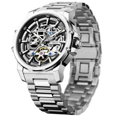 Imagem de FORSINING Relógio mecânico masculino de luxo automático, estilo industrial, autoliquidação com turbilhão e função luminosa, relógio de pulso masculino com pulseira de aço inoxidável, Prata