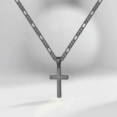 Imagem de Colar com pingente de cruz de aço inoxidável para mulheres e homens, ouro rosa/prata/preto, corrente fígaro, 40 a 55 cm, hipoalergênica, cruz, religiosa, minimalista, batismo, joias cristãs, presentes