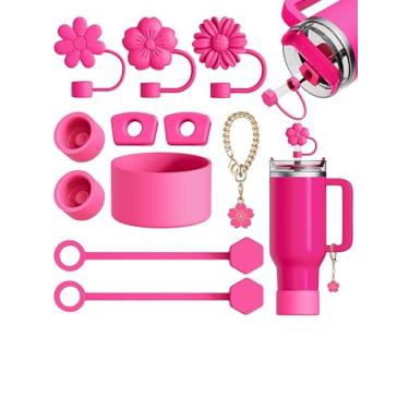 Imagem de 11 peças compatíveis com acessórios Stanley Cup – Toppers de palha de flores para capa de palha Stanley 9-10 mm, 1 bota de silicone, 6 tampas à prova de derramamento, 1 pingente de alça para copo de