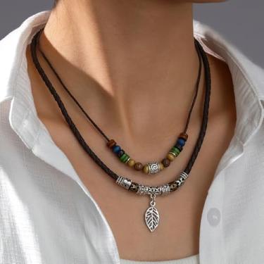 Imagem de Colares com pingente vintage para mulheres, estilo boêmio, estilo boêmio, étnico, madeira, miçangas, turquesa, pingente de moeda e folha, joia trançada ajustável, presentes para mulheres, presentes de