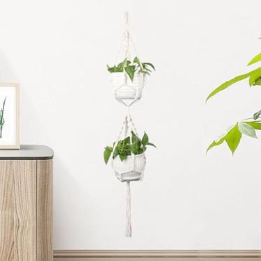 Imagem de Cabide duplo de macramê Boho com borlas, plantador de corda de algodão feito à mão para uso interno/externo, serve para dois vasos, cor marfim, aproximadamente 139 cm de comprimento (vasos não