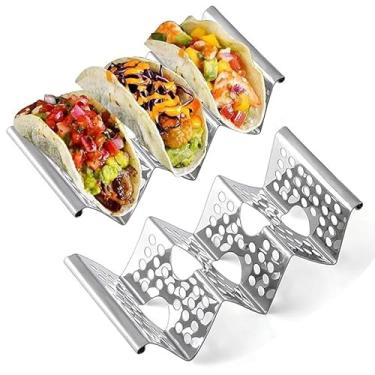 Imagem de 1 suporte de taco de aço inoxidável – Suporte de metal ventilado com 3 compartimentos para nachos e tacos, ferramenta de cozinha reutilizável para lava-louças para servir em festas, prata