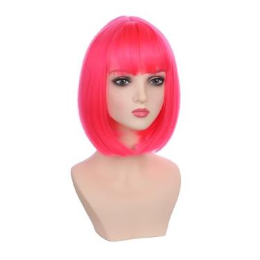 Imagem de DUDUWIG Peruca infantil rosa choque para meninas curta rosa vermelha reta peruca infantil rosa neon perucas com franja rede de cabelo inclui