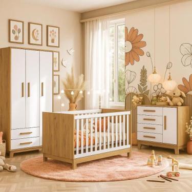 Imagem de Quarto de Bebe Completo Slim Berço 2 em 1 Vira Cama, Cômoda e Guarda R