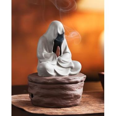 Imagem de TEAVOR Queimador de incenso de cerâmica para cone e bobina – Estátua de Buda sem rosto para proteção e meditação zen, decoração de casa para evitar negatividades, cinza