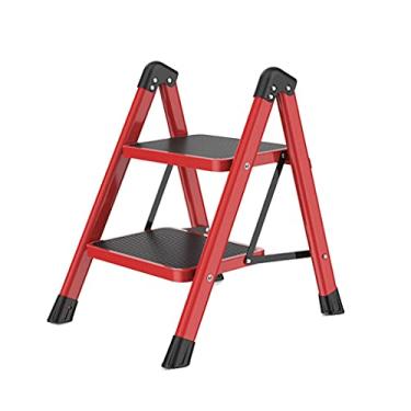 Imagem de Escadas dobráveis com 2 degraus escada portátil de metal escada dobrável com pedal largo não escorregadio, escada multiuso para uso doméstico escada resistente (cor: vermelho) (vermelho)