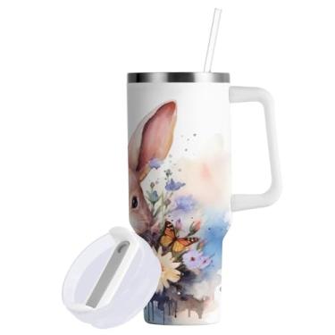 Imagem de Blueangle Copo de coelho da Páscoa aquarela de 850 g com alça e tampa de palha, copo isolado, reutilizável, garrafa de água de aço inoxidável, caneca de viagem (150)