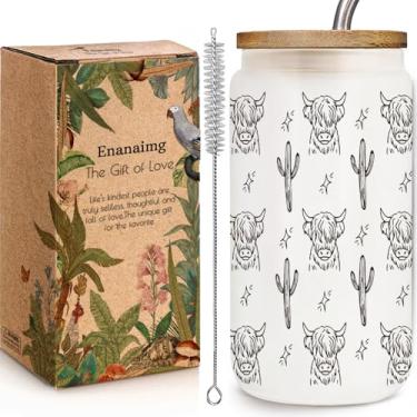 Imagem de Enanaimg Linda estampa de vaca Highland 473 ml, presente para mulheres amantes de vacas, irmãs, copos de vidro com tampas e canudos, presente perfeito para amigas, nova mãe, sogra, bônus de passo
