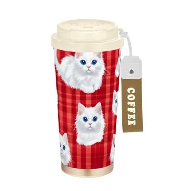 Imagem de SEHANY Caneca de viagem de gato gatinho fofo de 482 g xícaras de café reutilizáveis revestidas de cerâmica com tampa à prova de vazamento, parede dupla, isolamento a vácuo, copo de café de aço