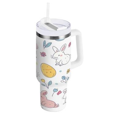 Imagem de Blueangle Copo de ovos de Páscoa e coelhos de 1,134 g com alça e tampa de palha, copo isolado, reutilizável, garrafa de água de aço inoxidável, caneca de viagem (599)