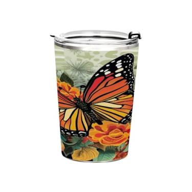 Imagem de Blueangle Copo de 340 g com tampa e canudo, copo de café com água isolada a vácuo de aço inoxidável, caneca de viagem borboleta laranja copo térmico para bebidas quentes e frias (210)