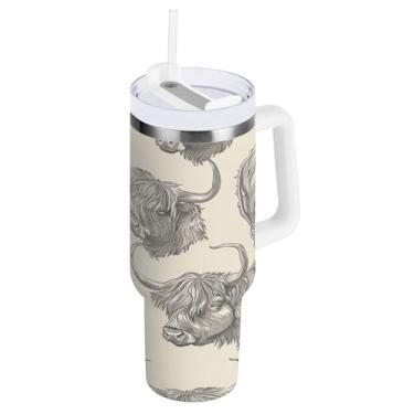 Imagem de xigua Copo Highland Cow de 850 g com tampa e canudo, aço inoxidável de vácuo duplo isolado garrafa de água esportiva suporte para copo de café de viagem à prova de vazamento para bebida gelada