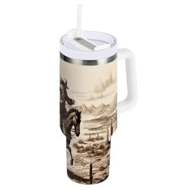Imagem de xigua Copo vintage Western Cowboy de 850 g com tampa e canudo, aço inoxidável de vácuo duplo isolado garrafa de água esportiva suporte para copo de café de viagem à prova de vazamento para bebida