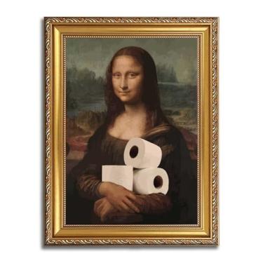 Imagem de Arte de parede em tela de banheiro eclética engraçada moldura dourada humor vintage divertido Mona Lisa retrato de estética clássica pintura de parede da Vinci pôster impresso arte para decoração de