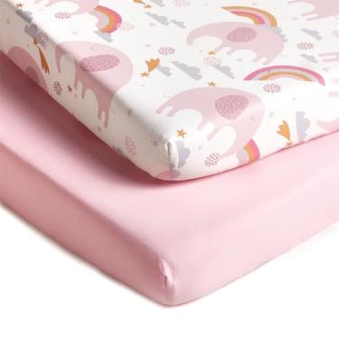 Imagem de TILLYOU Lençóis com elástico para berço – Lençol de malha macia para pacote N Play, mini berço de microfibra, 96 x 61 cm, pacote com 2, lavável na máquina, elefante arco-íris