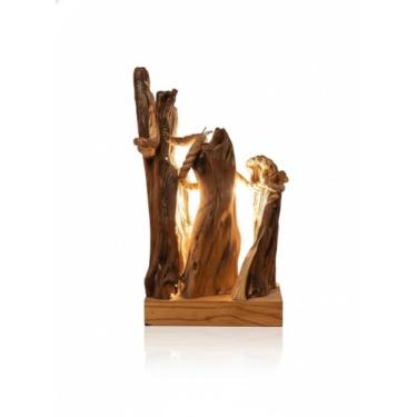 Imagem de Luminária de Mesa Rústica em Madeira Maciça Artesanal (Feita à Mão) – Abajur para Quarto, Sala, Cabeceira, Escritório e Mesa de Leitura – Estilo Nórdico, Escandinavo, Boho – Decoração