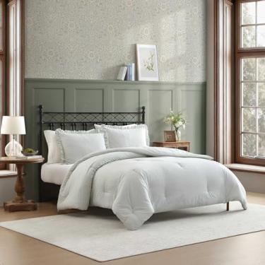 Imagem de Laura Ashley - Conjunto de edredom solteiro, 100% algodão macio e macio, roupa de cama listrada para conforto durante todo o ano, conjunto de cama de 2 peças com fronha combinando (verde listrado