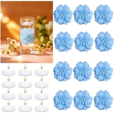 Imagem de UDU 24 velas flutuantes para centros de mesa e flores flutuantes para centros de mesa, cabeça de flor artificial para casa, aniversário, festa de casamento, decoração de mesa, azul