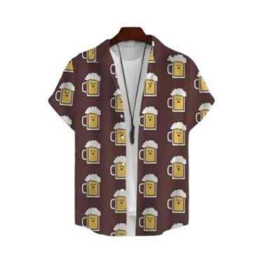 Imagem de Camisa Havaiana Masculina Estampada Em 3D Com Tema De Cerveja, Manga C