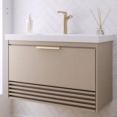 Imagem de Gabinete para Banheiro 80cm com 1 Porta 1 Gaveta e Cuba de Embutir Paraty Cappuccino