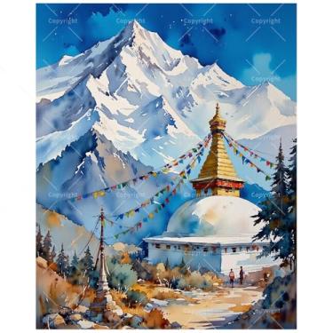 Imagem de TAOPAOLAB Kit de pintura de montanha Stupa por números para adultos – Pintura DIY da cena do templo do Himalaia em tela 40,6 x 50 cm, conjunto de tinta acrílica, adequado para iniciantes, arte de
