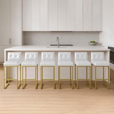 Imagem de Banqueta Cozinha Alta Com Encosto Industrial Kit 6 Dourado Lirina Pu C05 - D`rossi Cor Branco