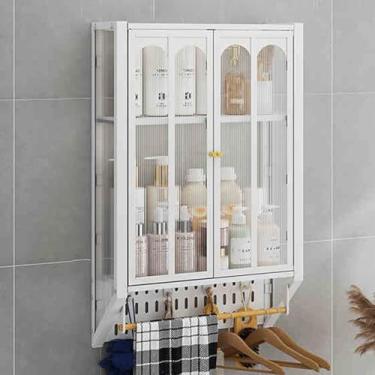 Imagem de Rack de armazenamento de banheiro montado na parede - Armário multifuncional sem perfuração para cosméticos, artigos de higiene pessoal e material de escritório - Organizador de metal para cozinha e