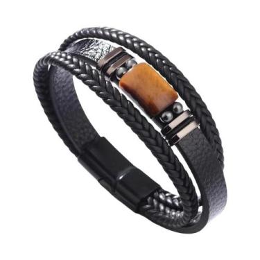 Imagem de Pulseira Masculina Retrô De Couro Com Pedra Olho De Tigre E Fecho Magn