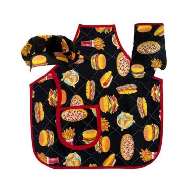 Imagem de Kit Avental Infantil Cozinha 3 Peças Avental Luva Touca Pequeno Chef M