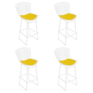 Imagem de Kit 4 Banquetas Bistrô Bertoia Branca D70 Com Assento Amarelo