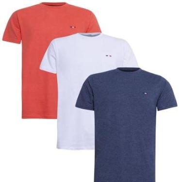 Imagem de Kit 3 Camisetas Básicas Masculina Algodão Premium Estilo Clássico Bordado França Laranja Branca Azul-Masculino