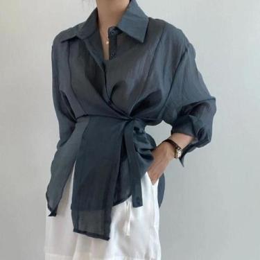 Imagem de Blusa Casual Irregular De Manga Longa Para Mulheres, Camisa Elegante S