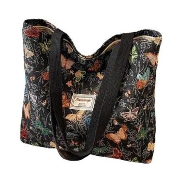 Imagem de Bolsa Tote Feminina Boêmia Étnica De Veludo Cotelê  Bolsa De Ombro Ele